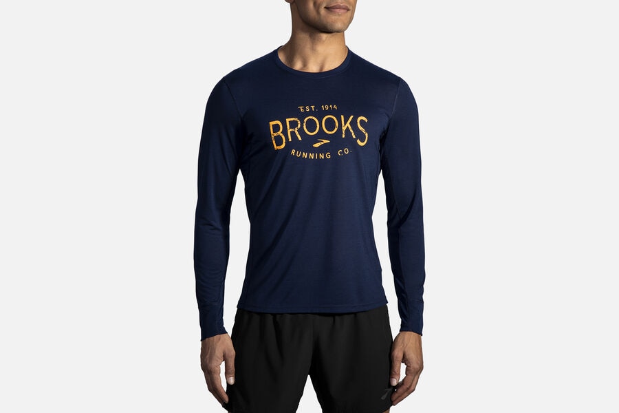 Mens Brooks Distance Graphic Long Sleeve Tops Navy/Brooks Heritage | 923465-NWJ